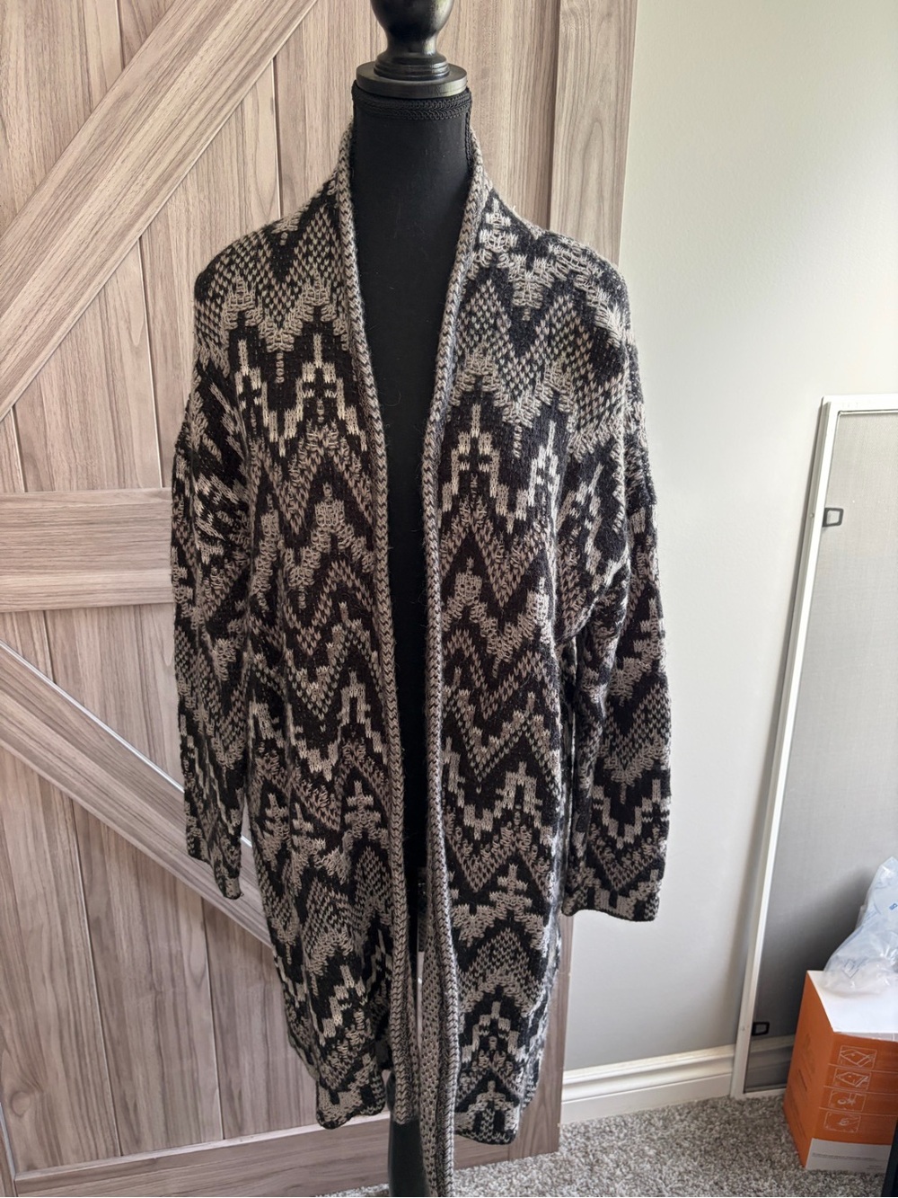 Lucky Brand Black & Gray Geometric Open-Front Cardigan